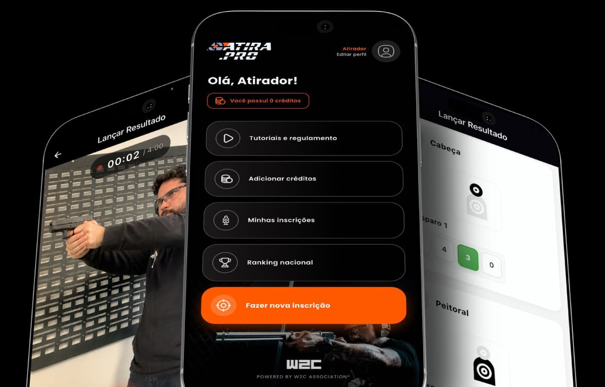Mockup do app W2C Games mostrando lançamento de resultado do Mozambique Drill